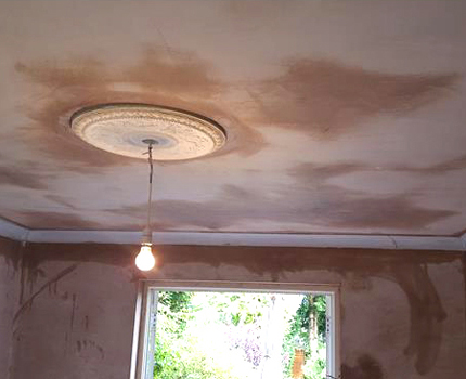 A freshly plastered ceiling and walls with ceiling rose in Croydon